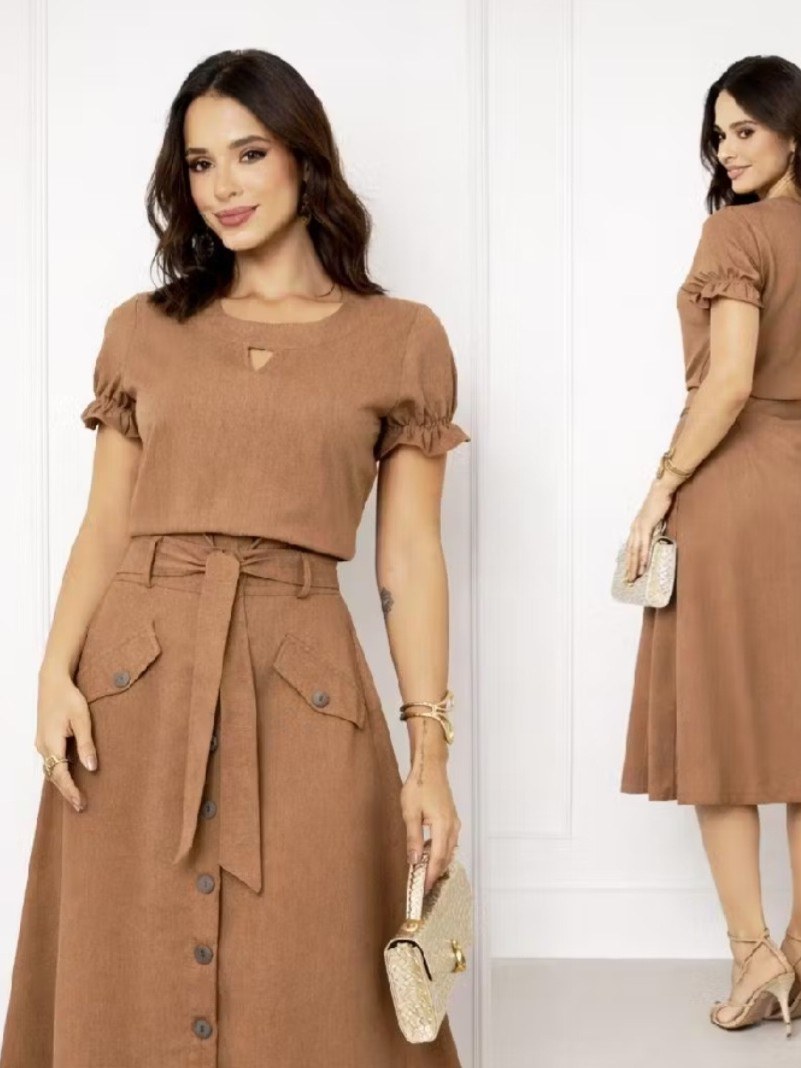 Conjunto Saia E Blusa Em Linho Premium