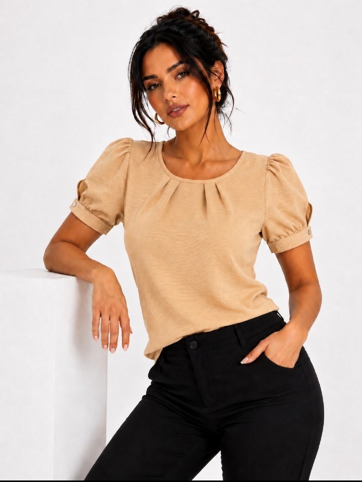 Blusa Feminina Social Duna Plissada Manga Curta 1305