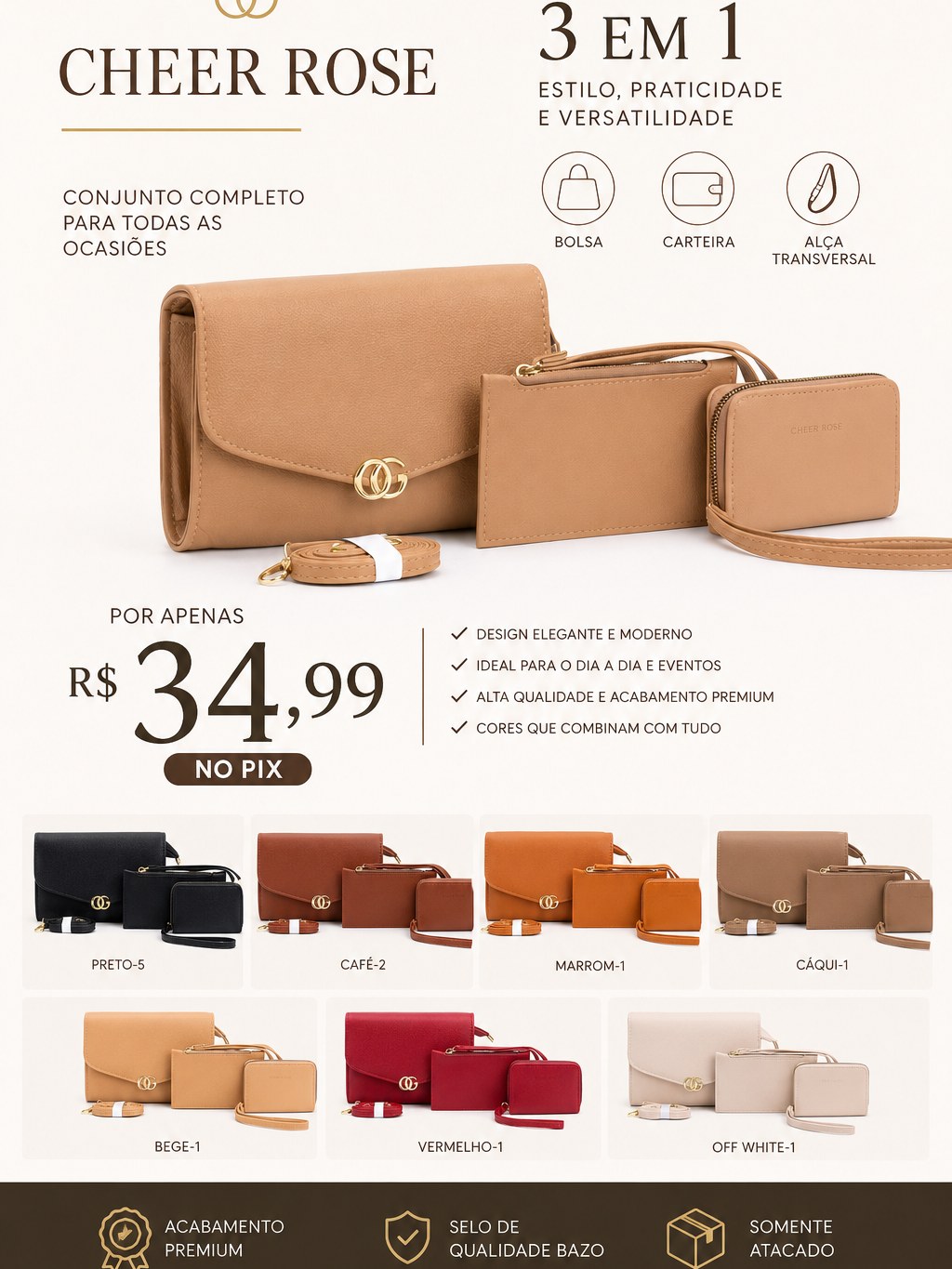 Bolsa feminina Cheer Rose Premium 3 em 1