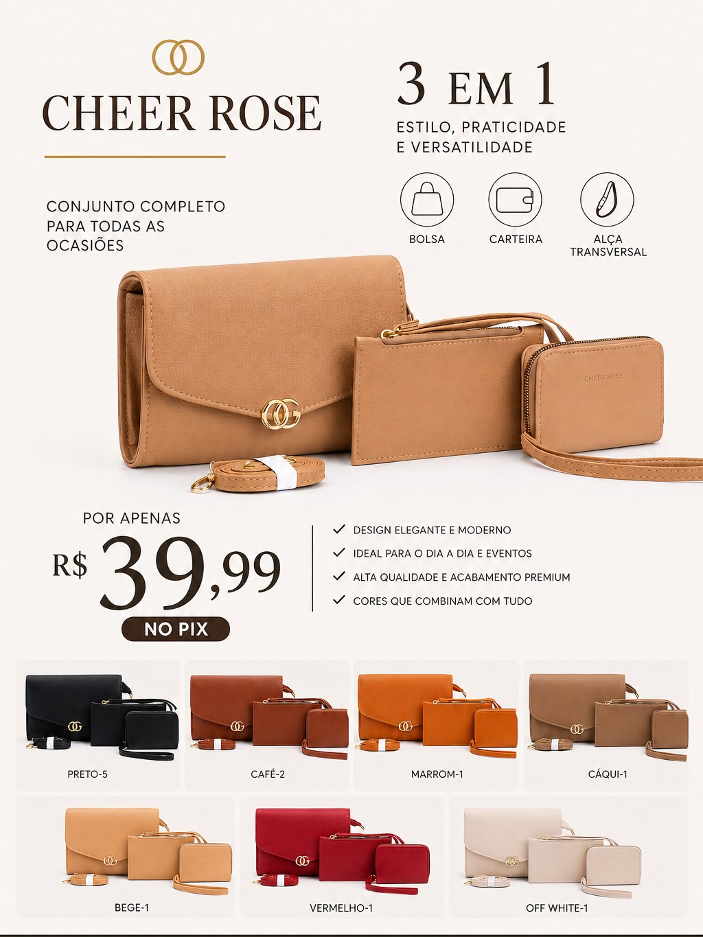 Bolsa feminina Cheer Rose Premium 3 em 1