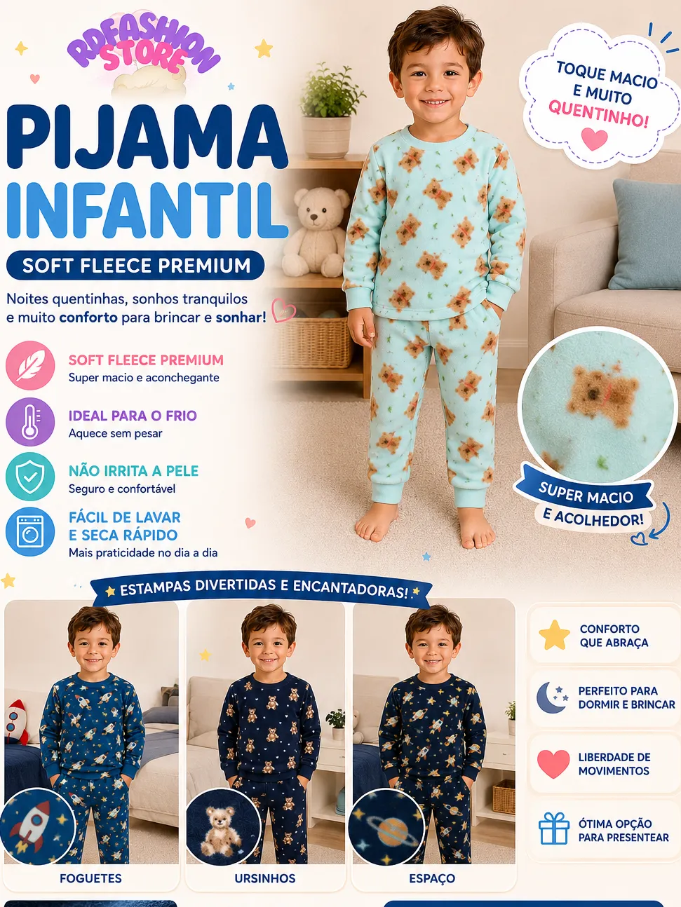 Pijama Infantil Soft Fleece Peluciado Inverno