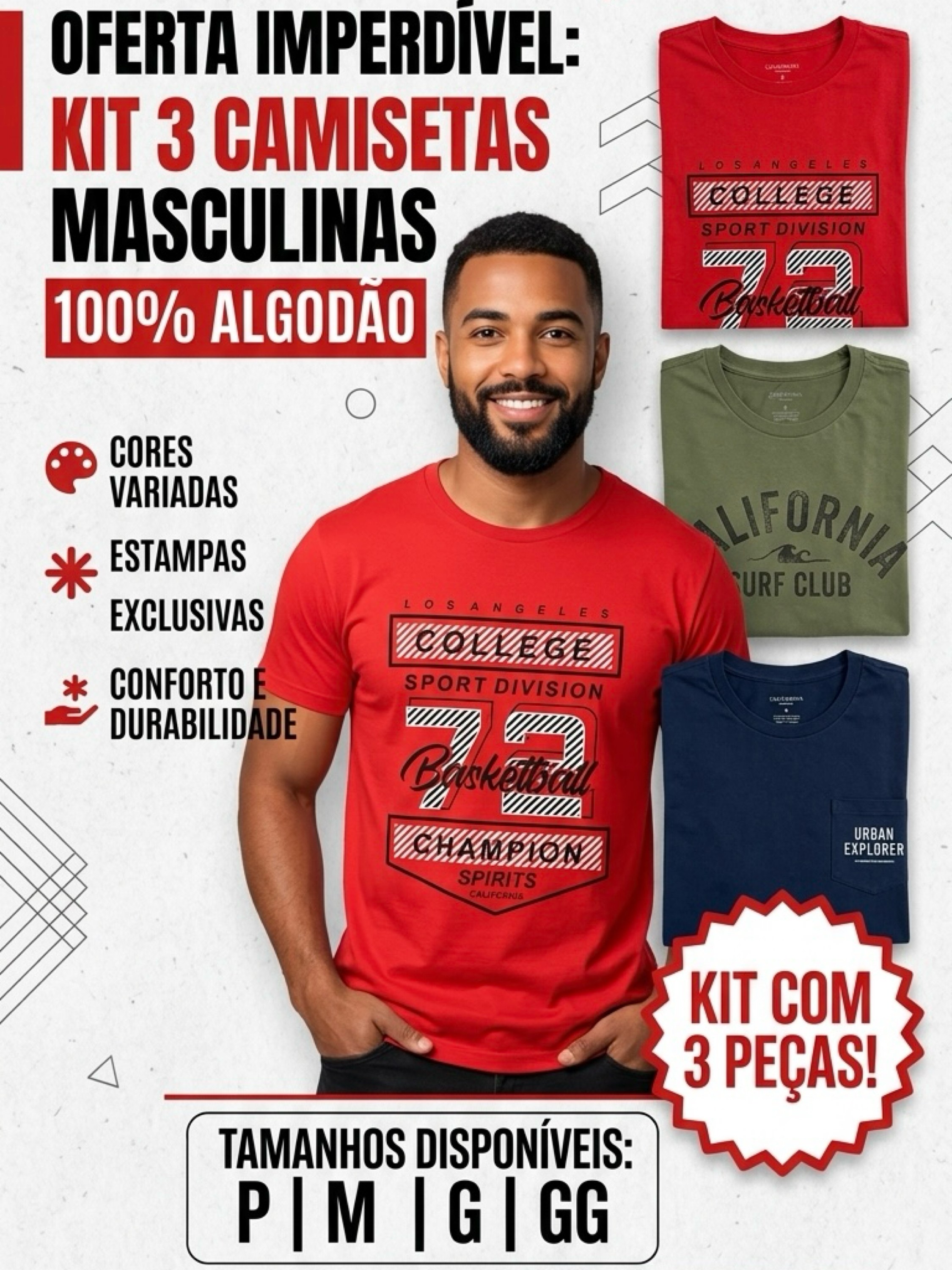 Kit 3 camisetas masculina 100% algodão
