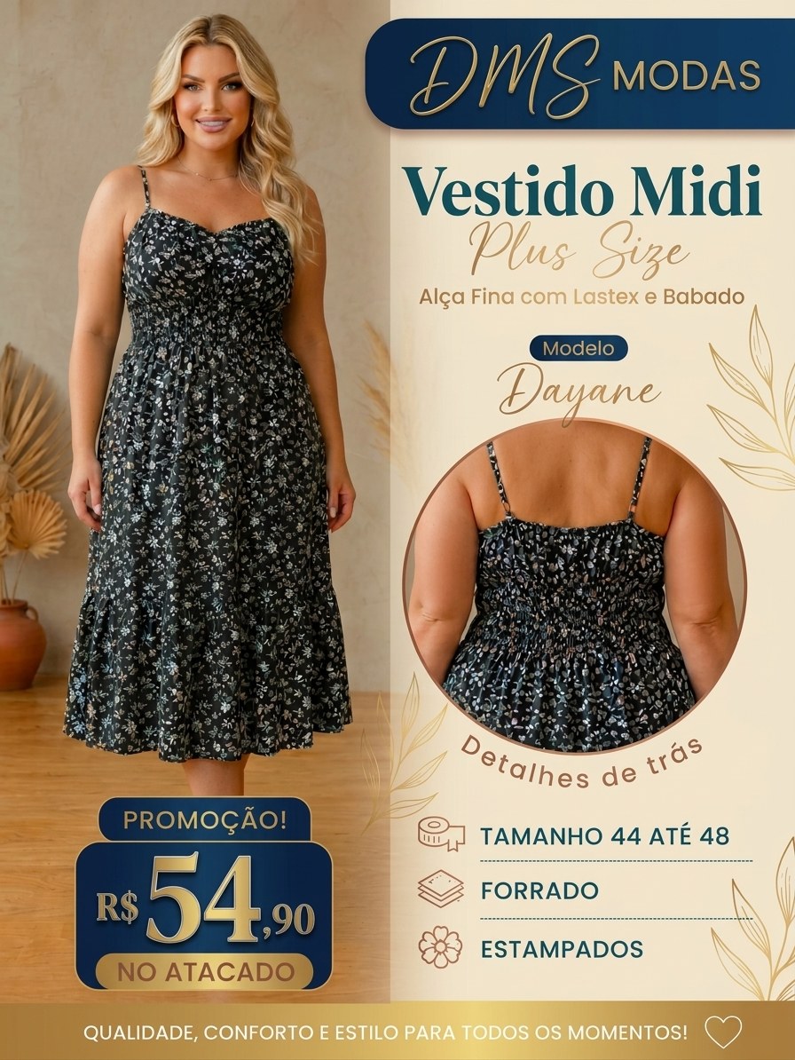 Vestido Plus Size MIDI Alça Fina com Lastex e Babado