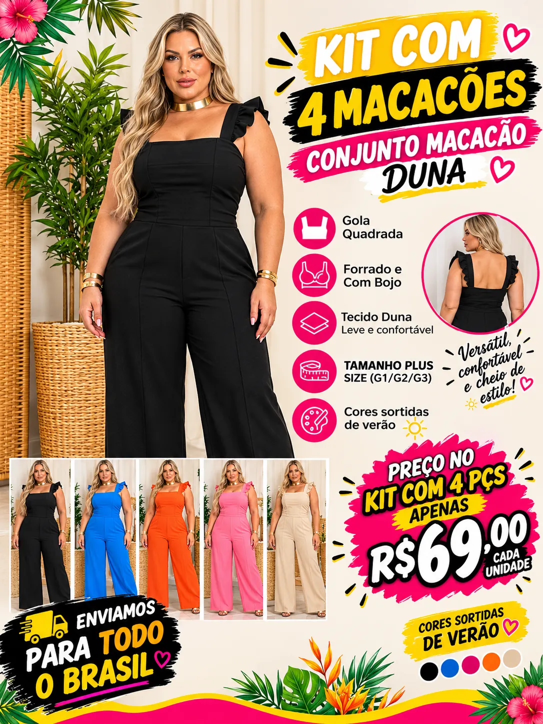 Kit 4 peças Macacão Plus Size Tecido Duna forrado com bojo