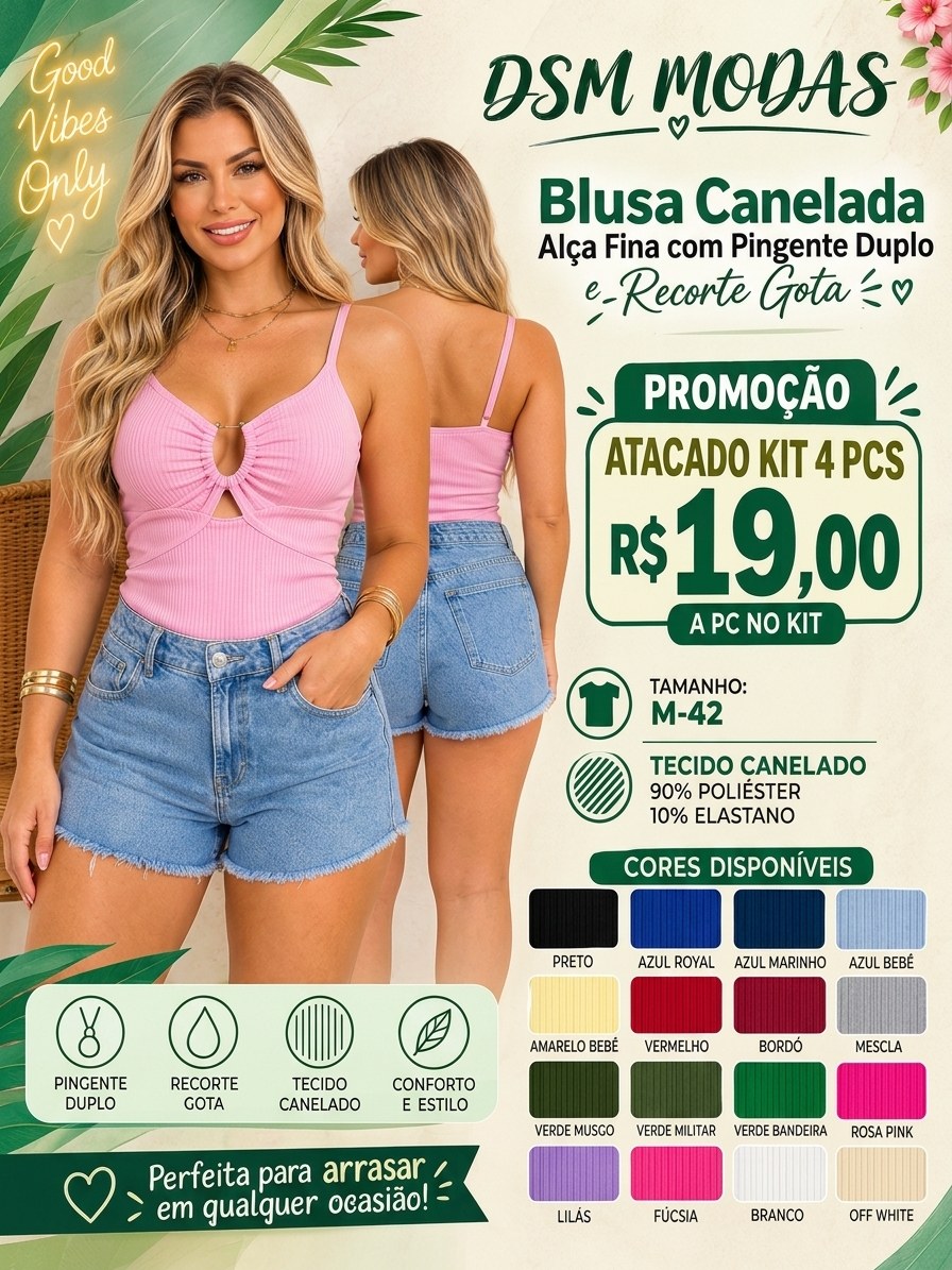Blusa Canelada Alça Fina KIT 4 PÇS Pingente Recorte Gota
