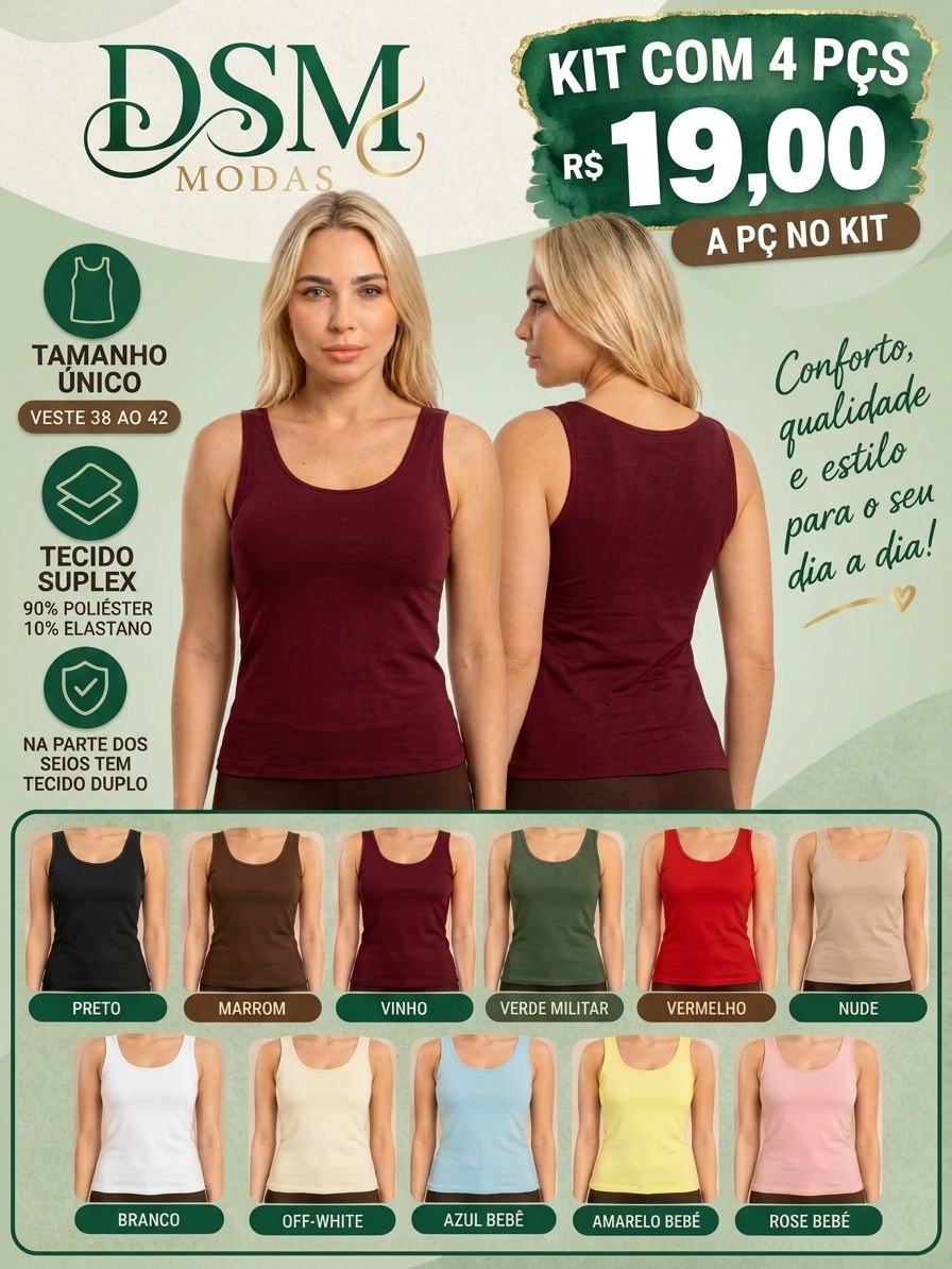 KIT 4 PÇS Regata Básica Alça Larga - Decote Redondo