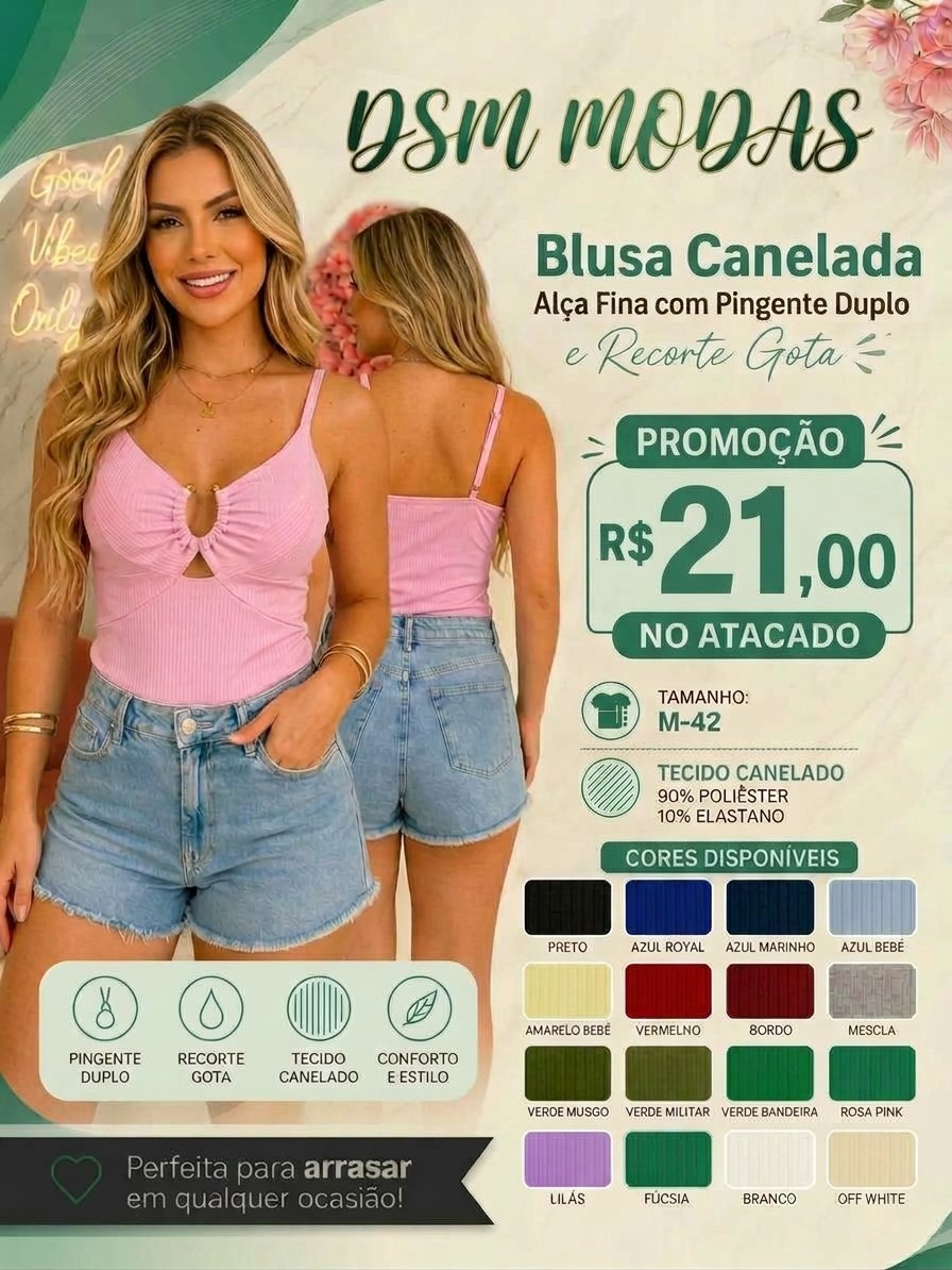 Blusa Canelada Alça Fina com Pingente Duplo e Recorte Gota