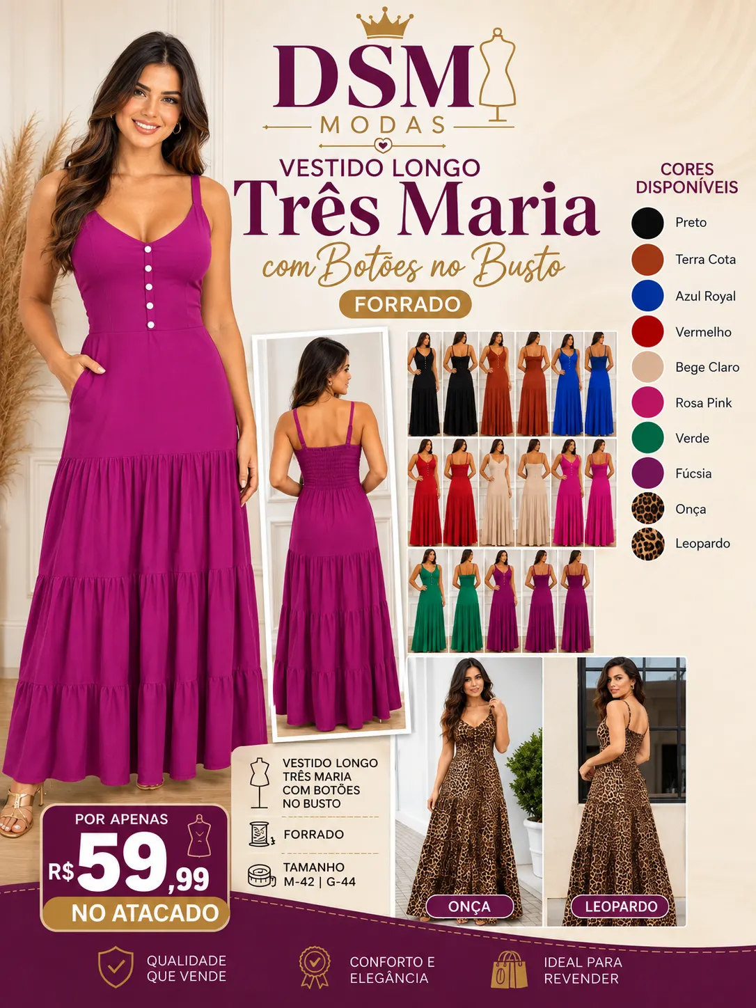 Vestido Longo Três Maria com Botões no Busto