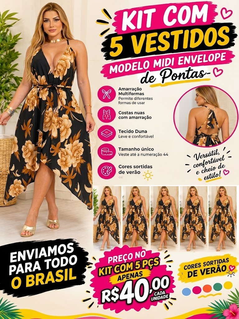 Kit 5 Unidades Vestido Lenço Multiformas Estampada