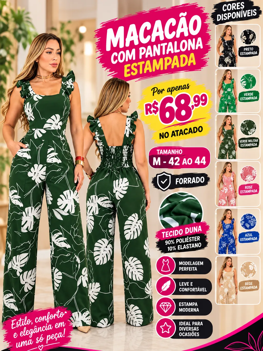 Macacão Estampada com pantalona básica forrado com bojo