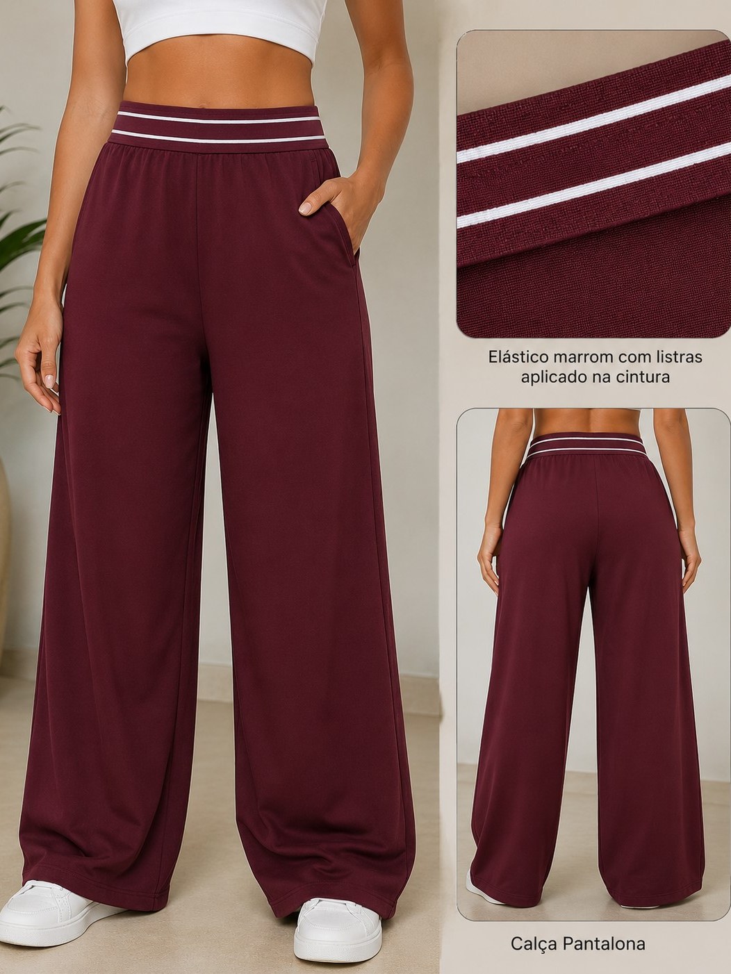 Calça pantalona Solta Feminina Listras na Cintura,
