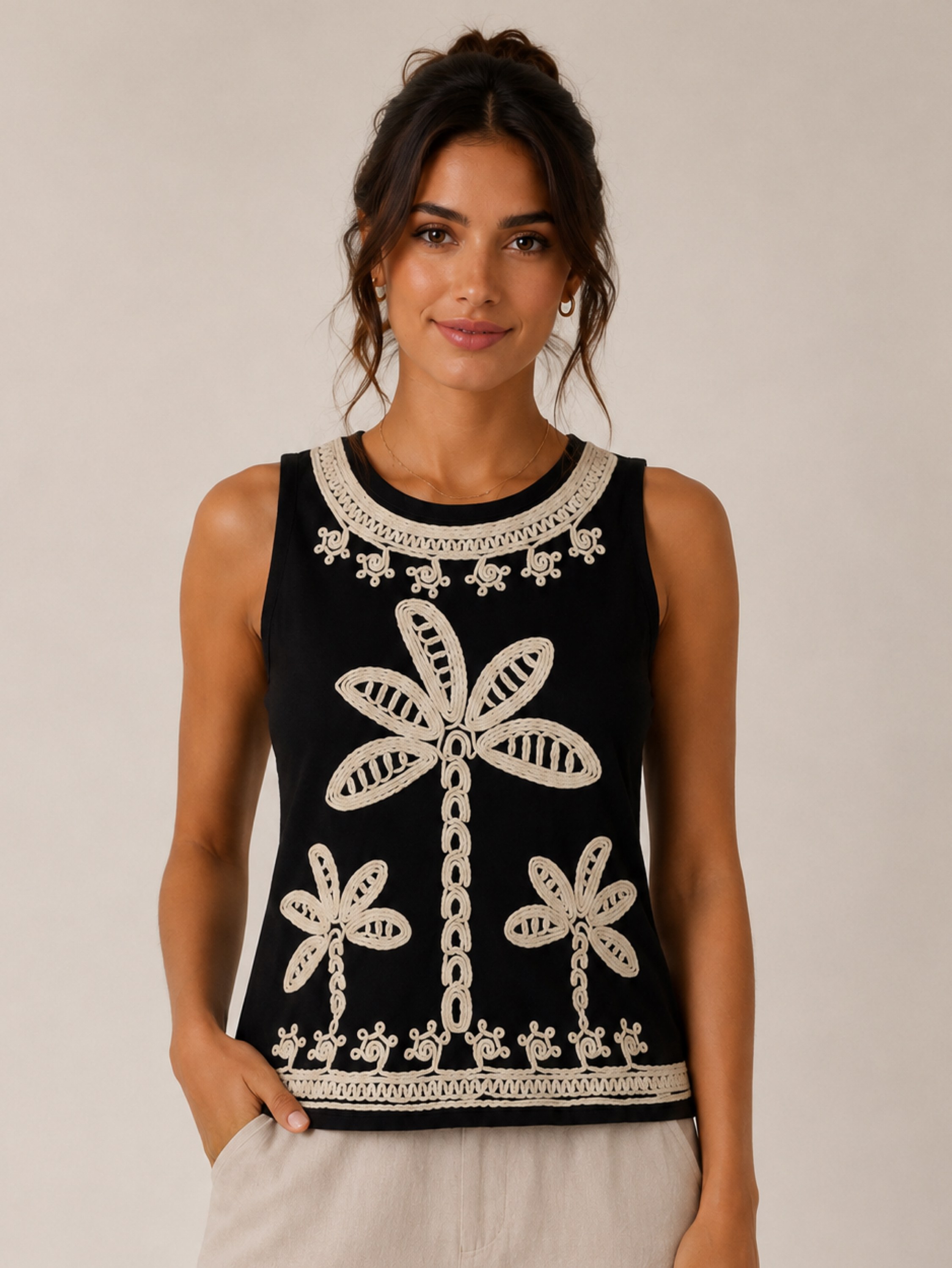 Regata Bordada Coqueiro Tropical Premium Feminina