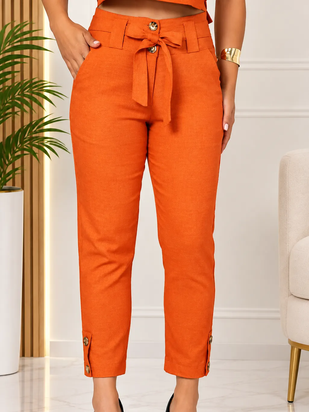 CA035 Calça Pantacourt Linho Botão Bolso Laço