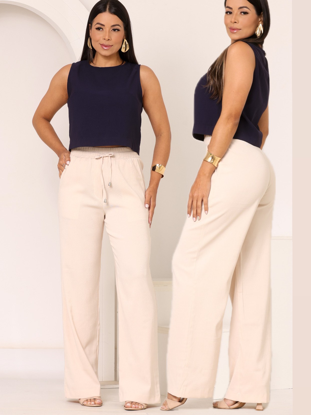 Calça Feminina Wide Leg em Linho Cintura Elástico e Cordão