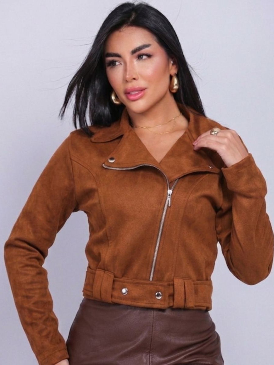 Jaqueta Feminina De Suede Com Ziper Botões M,G,GG,G1