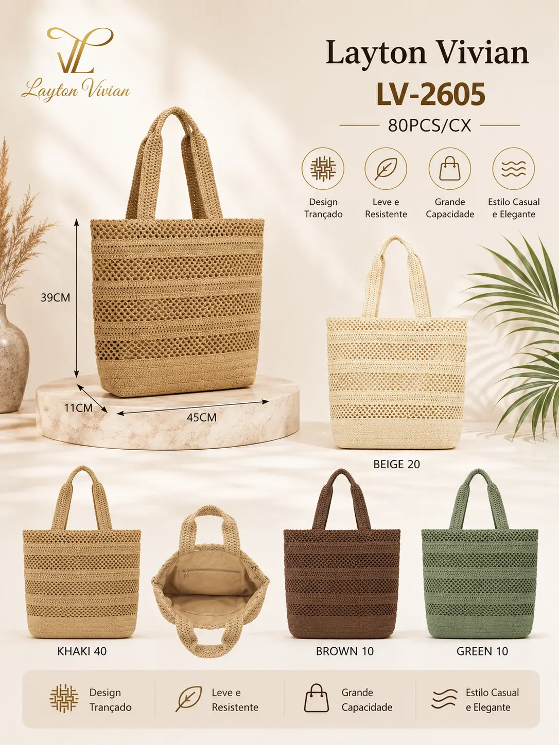 Bolsa de Palha Feminina Ombro Grande Praia Casual Verão