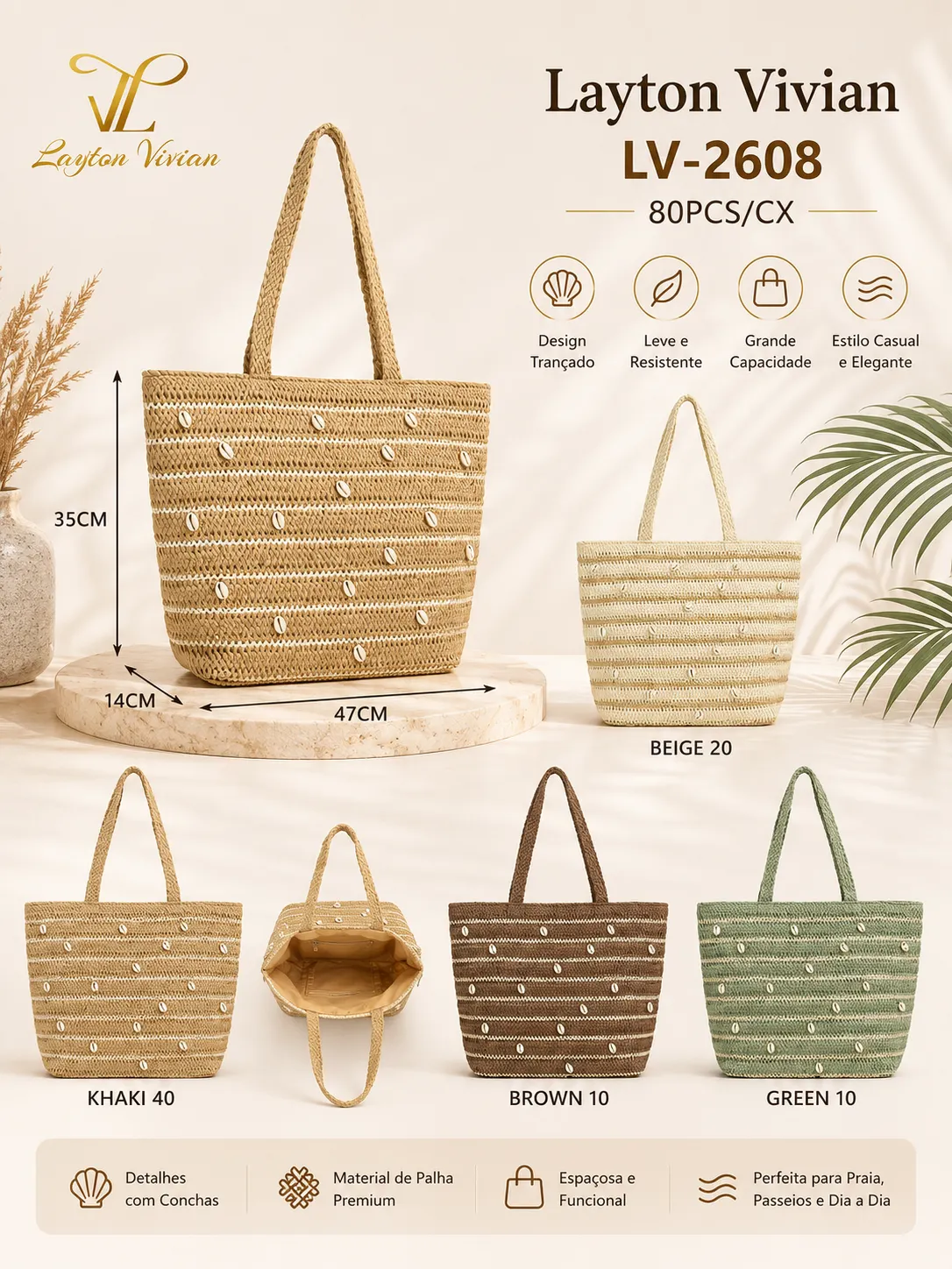 Bolsa de Palha Feminina Ombro Grande Praia Casual Verão