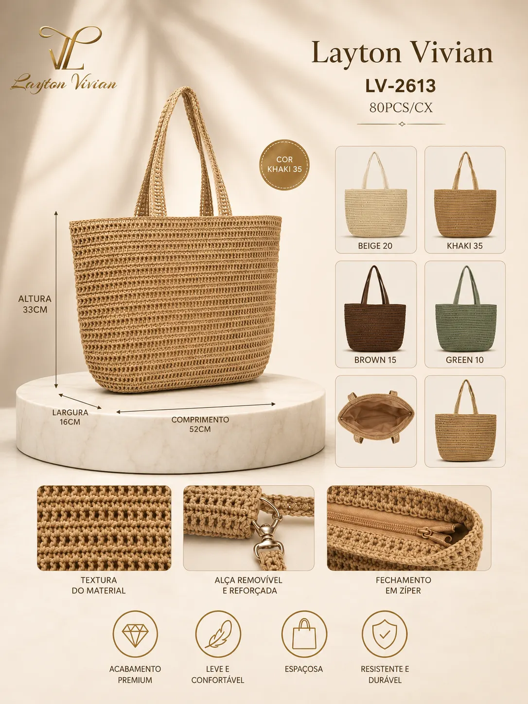 Bolsa Feminina LV-2613 Palha Grande de Ombro