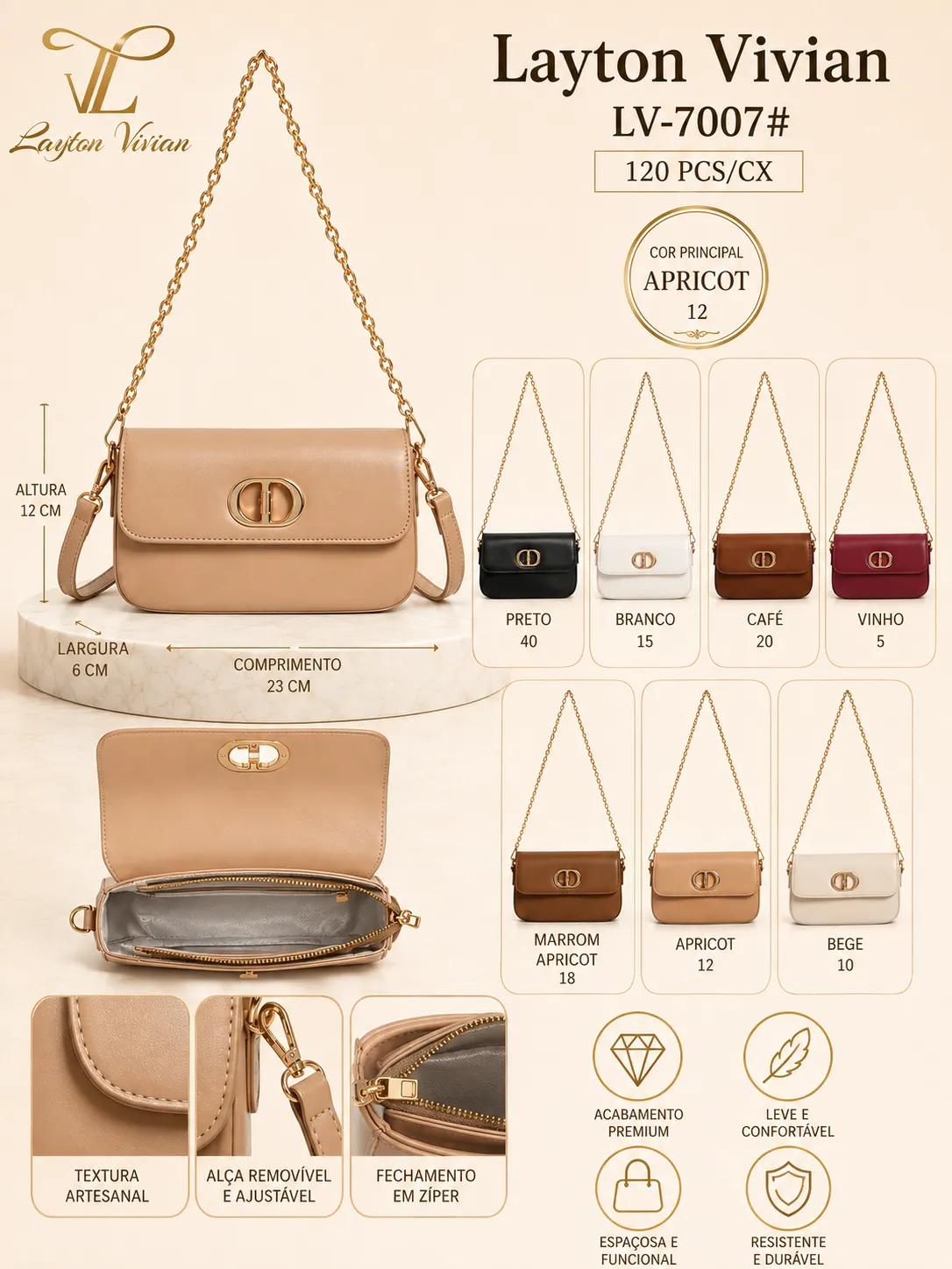 Bolsa LV-7007 Feminina Tiracolo com Corrente Dourada