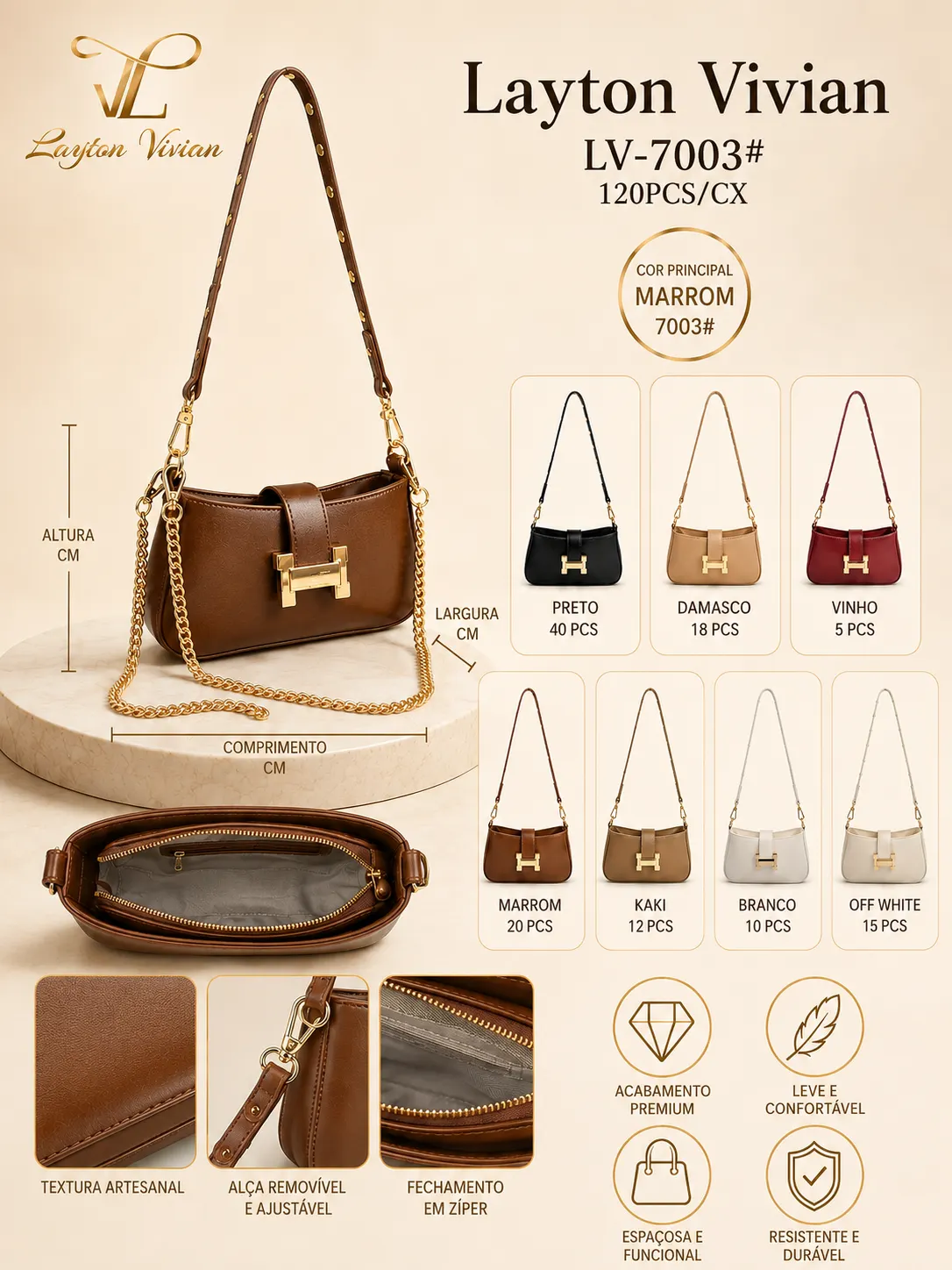 Bolsa LV-7003 Feminina Tiracolo Elegante Corrente Dourada