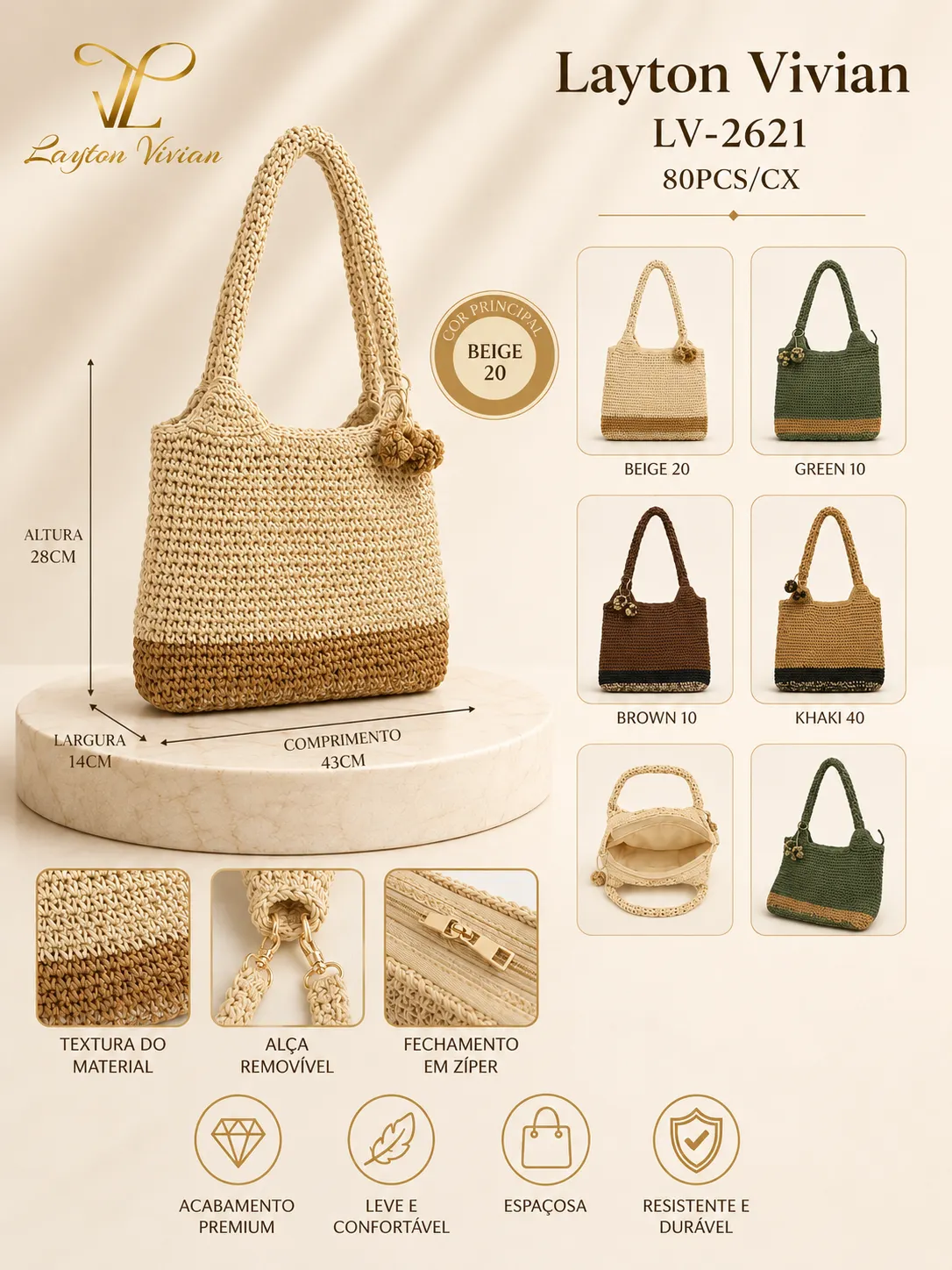Bolsa Feminina LV-2621 Palha Grande de Ombro Trançada
