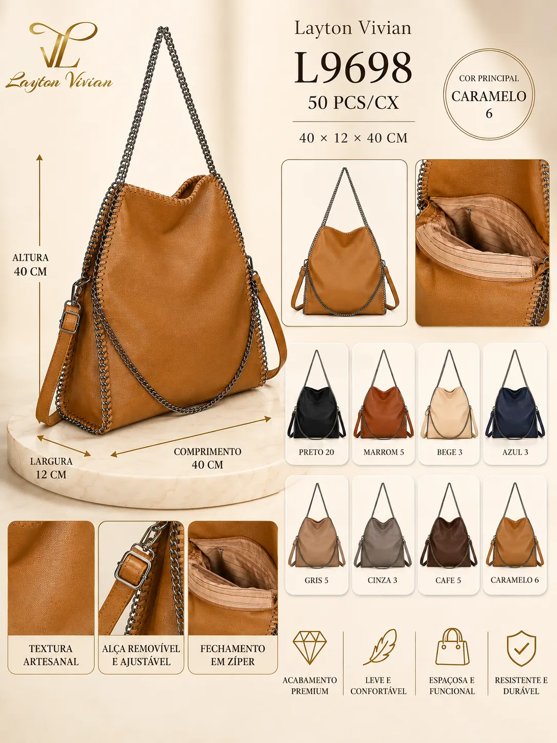 Bolsa Feminina L9698 Grande Transversal com Corrente