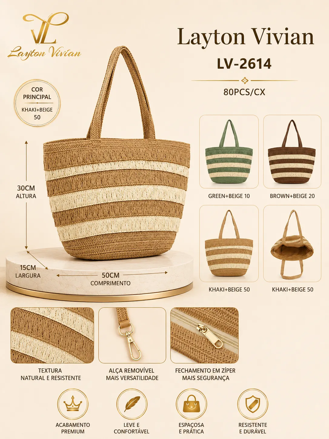 Bolsa Feminina LV-2614 Palha Grande Listrada de Ombro