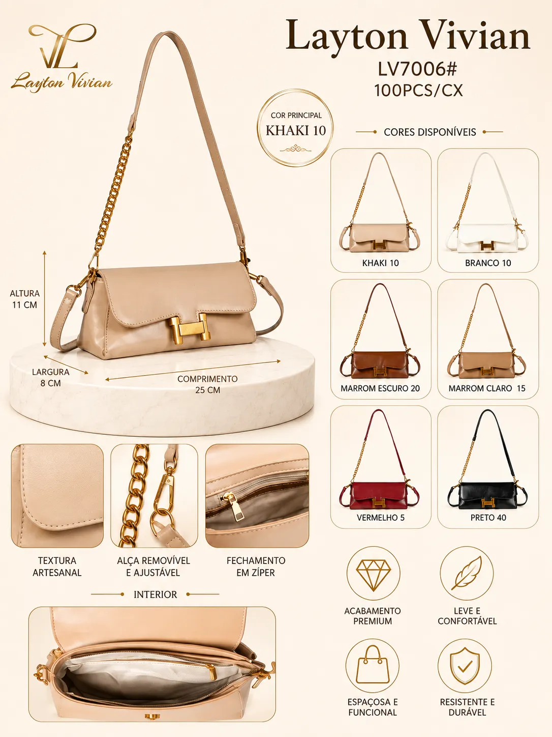 Bolsa LV-7006 Feminina Tiracolo com Corrente Dourada