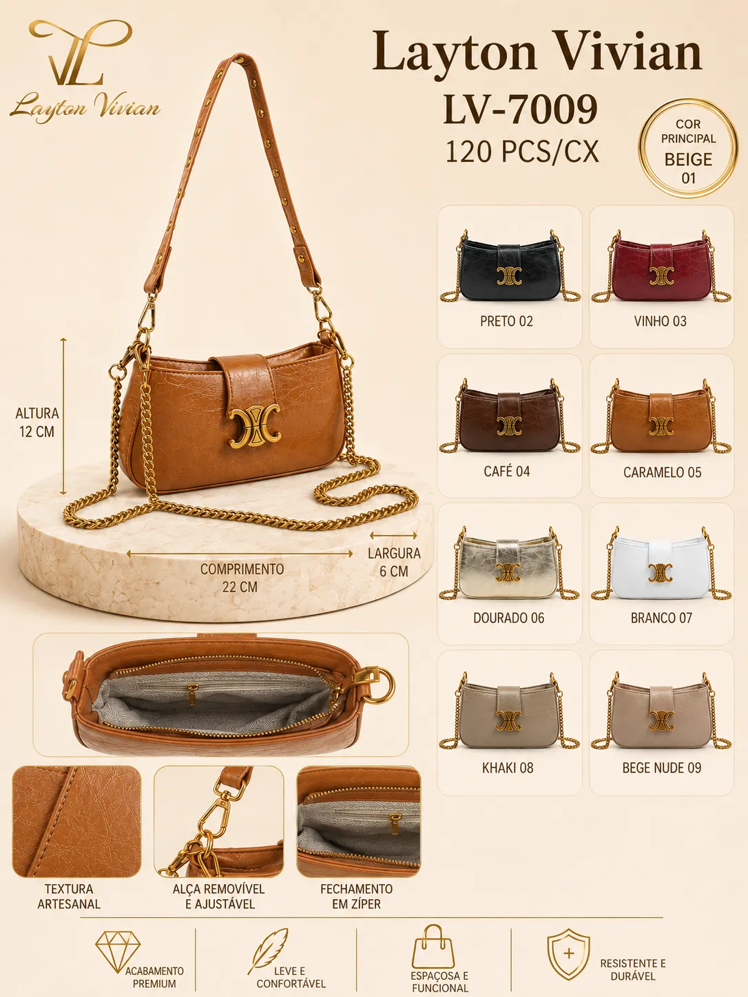 Bolsa LV-7009 Feminina Tiracolo com Corrente Dourada