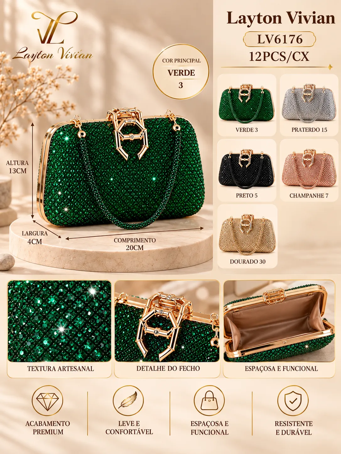 Bolsa Clutch Feminina Festa com Strass e Corrente LV6176