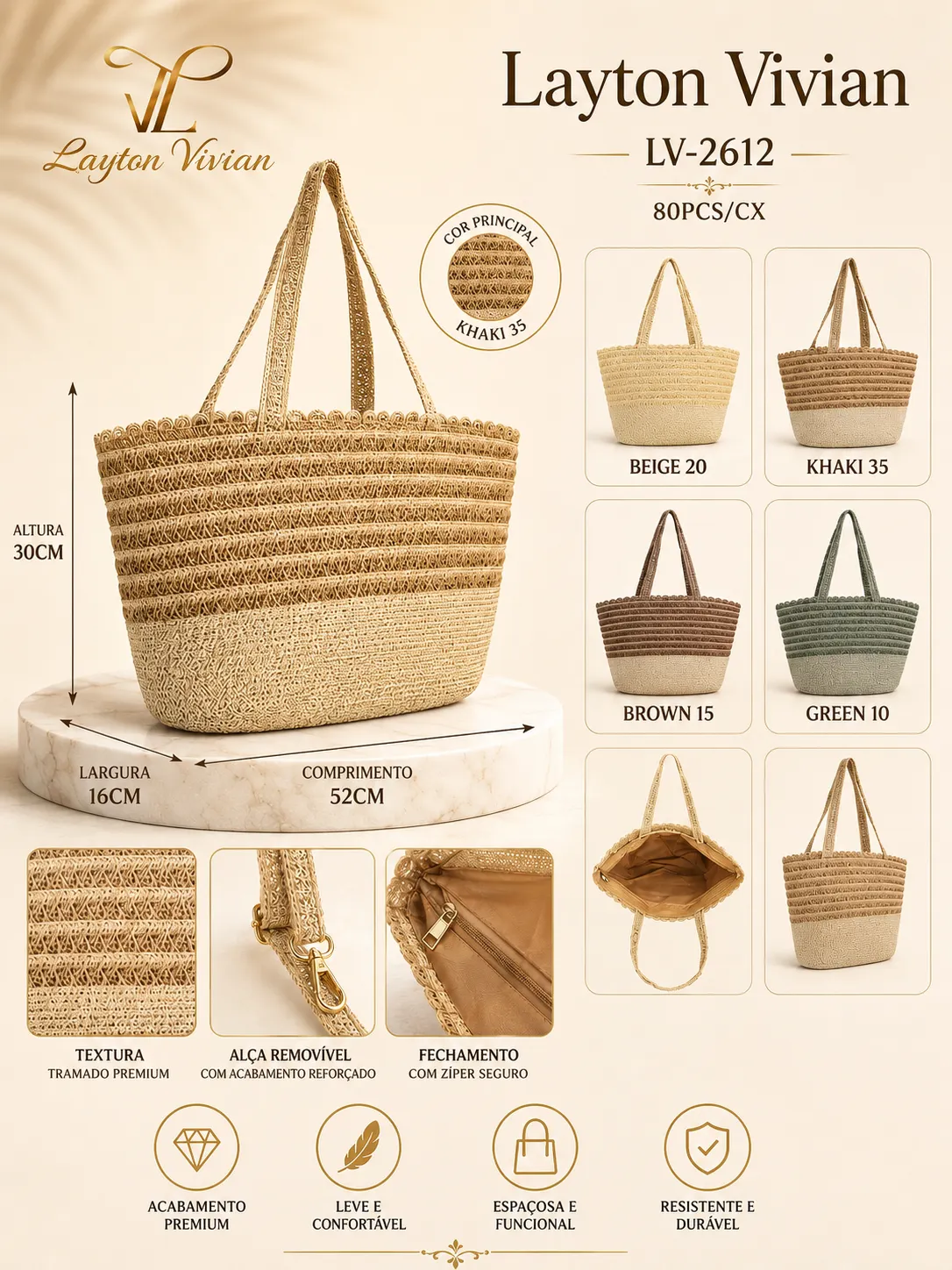 Bolsa Feminina LV-2612 Palha Grande de Ombro