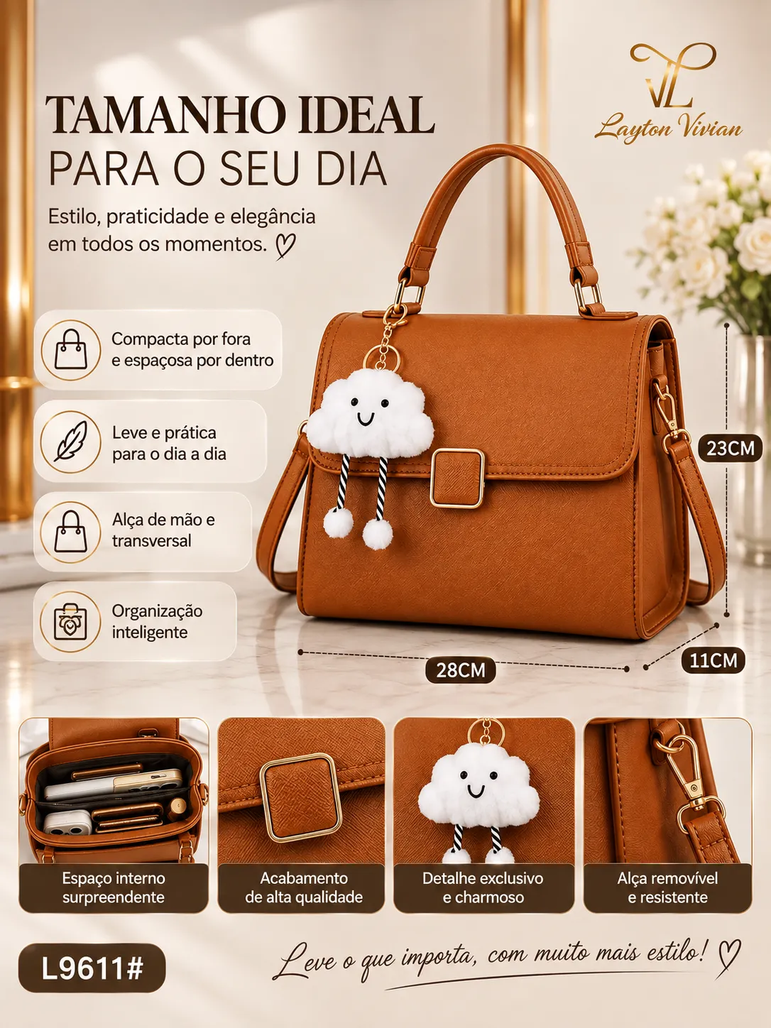 Bolsa Feminina L9611 Estruturada Transversal com Pompom