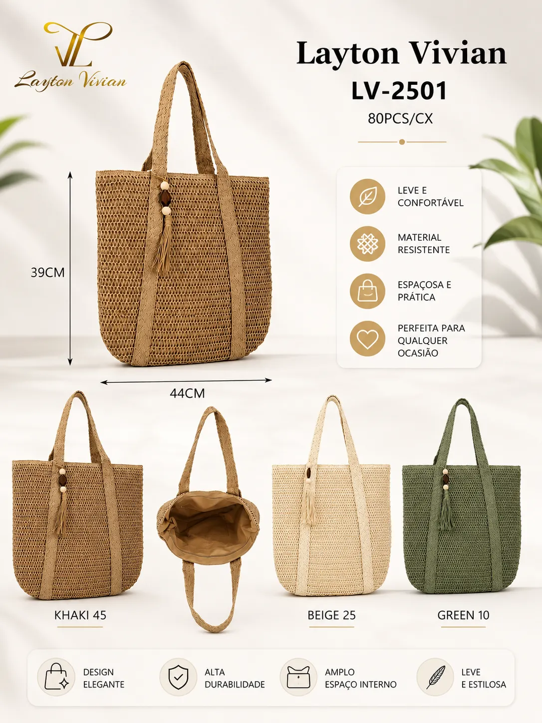 Bolsa Feminina Tote Ombro Elegante Grande Palha Elegante