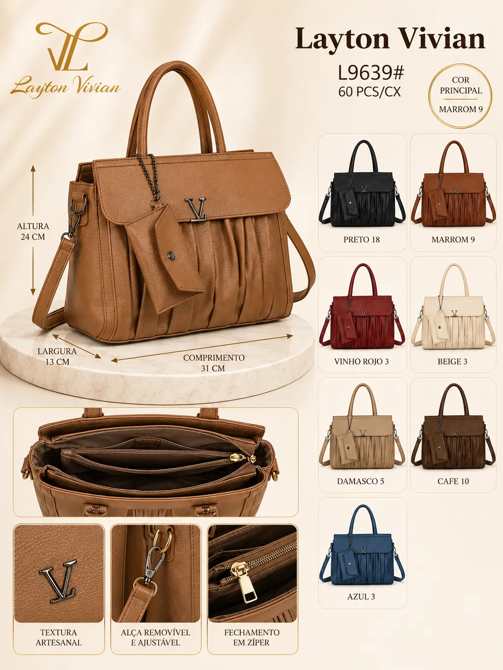 Bolsa Feminina L9639 Estruturada Grande com Alça Ajustável