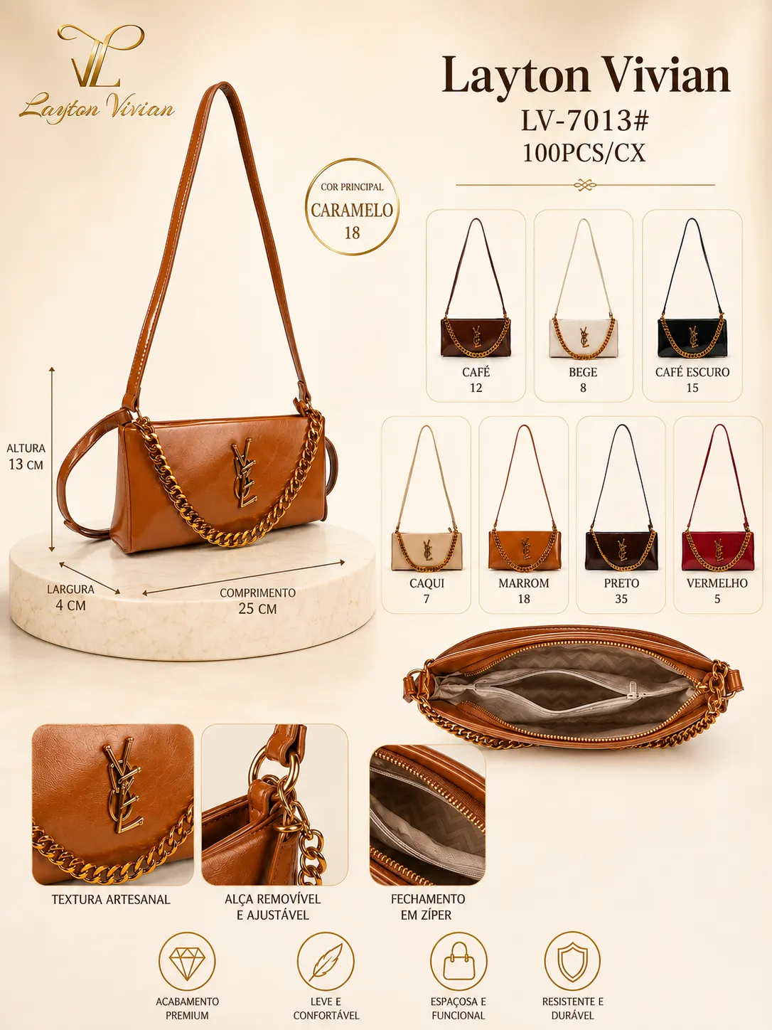 Bolsa LV-7013 Feminina Tiracolo com Corrente Dourada