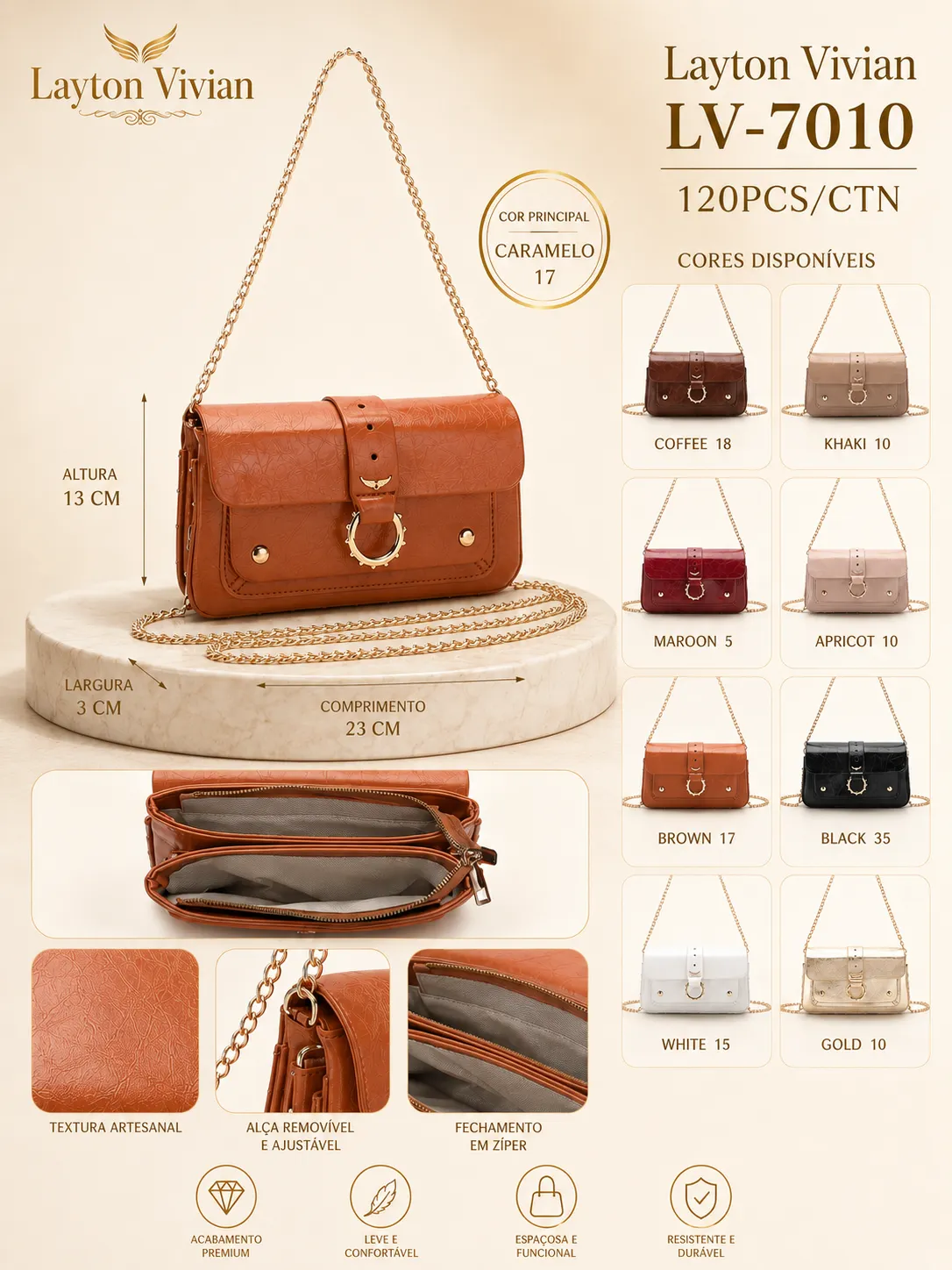 Bolsa LV-7010 Feminina Tiracolo com Corrente Dourada