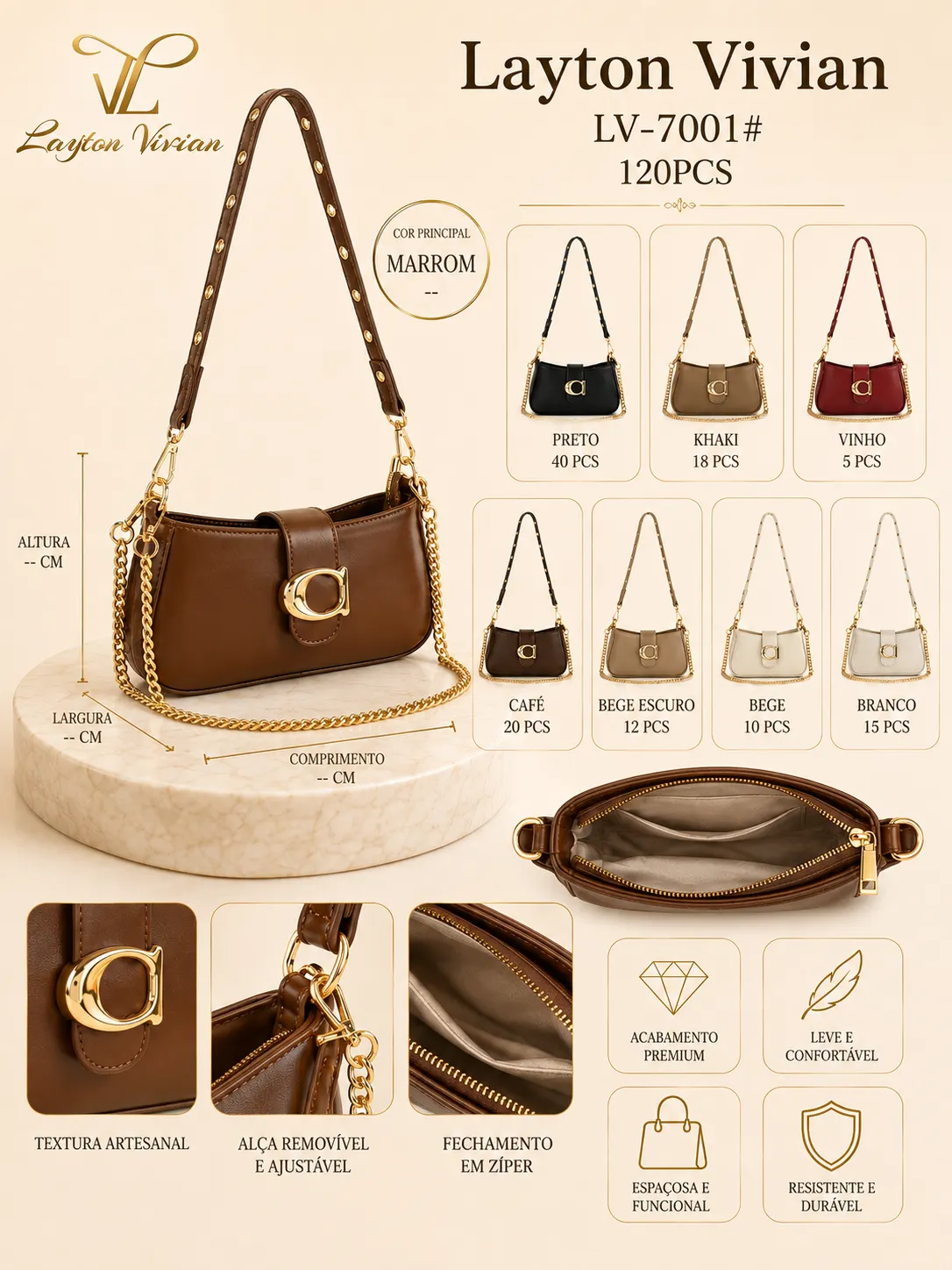 Bolsa LV-7001 Feminina Tiracolo Elegante Corrente Dourada
