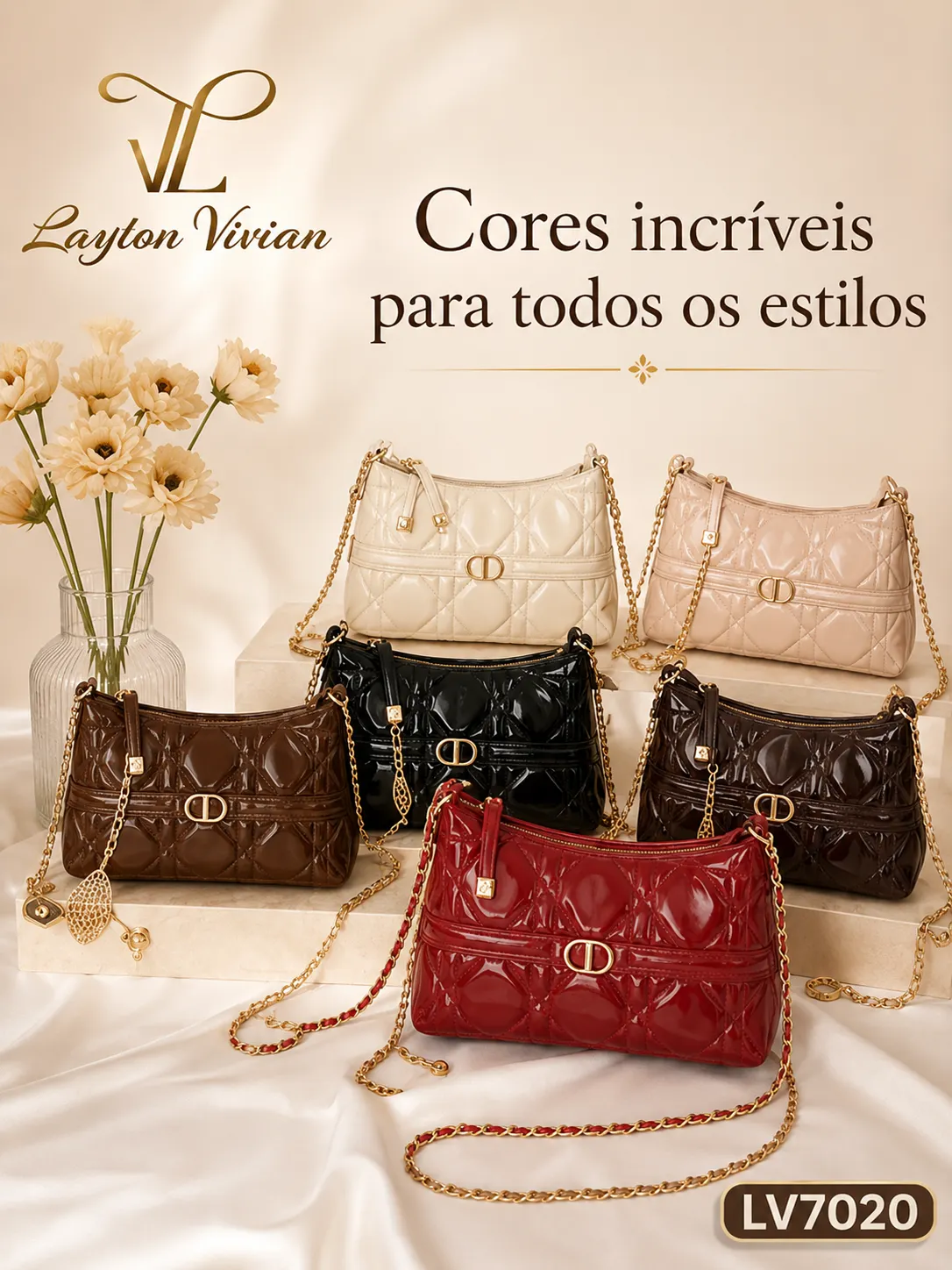 Bolsa LV-7020 Feminina Matelassê Verniz com Corrente