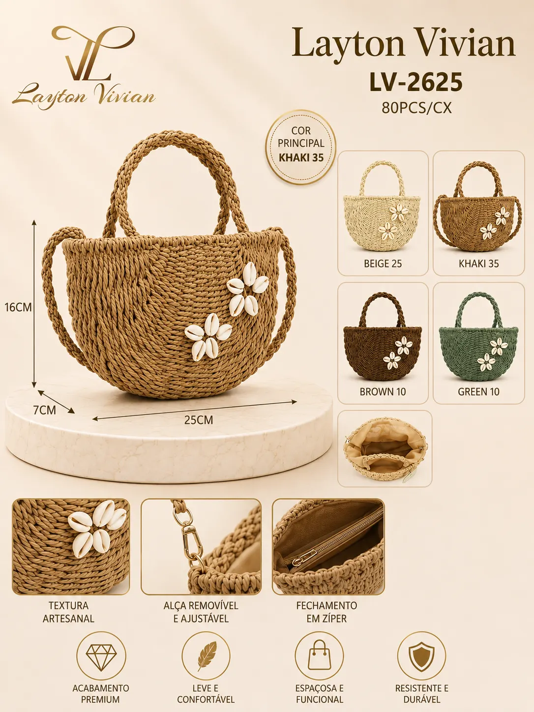 Bolsa Feminina Palha Trançada com Conchas LV-2625