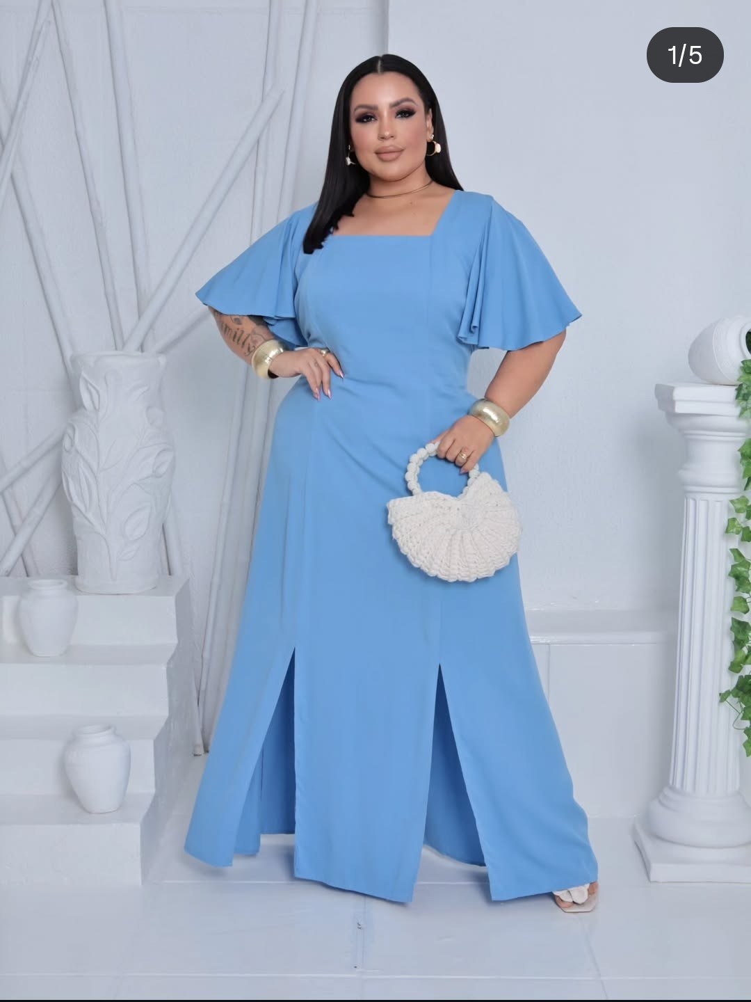 Vestido Manga Babado Longo