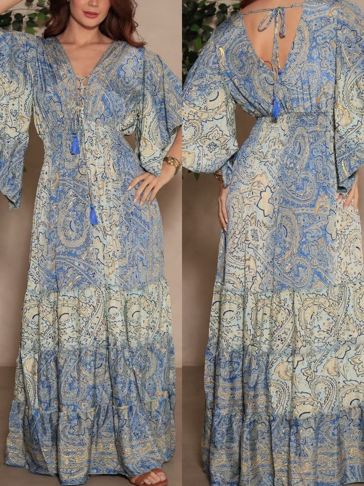 Vestido Longo Indiano Seda Manga Ciganinha do 40 ao 55