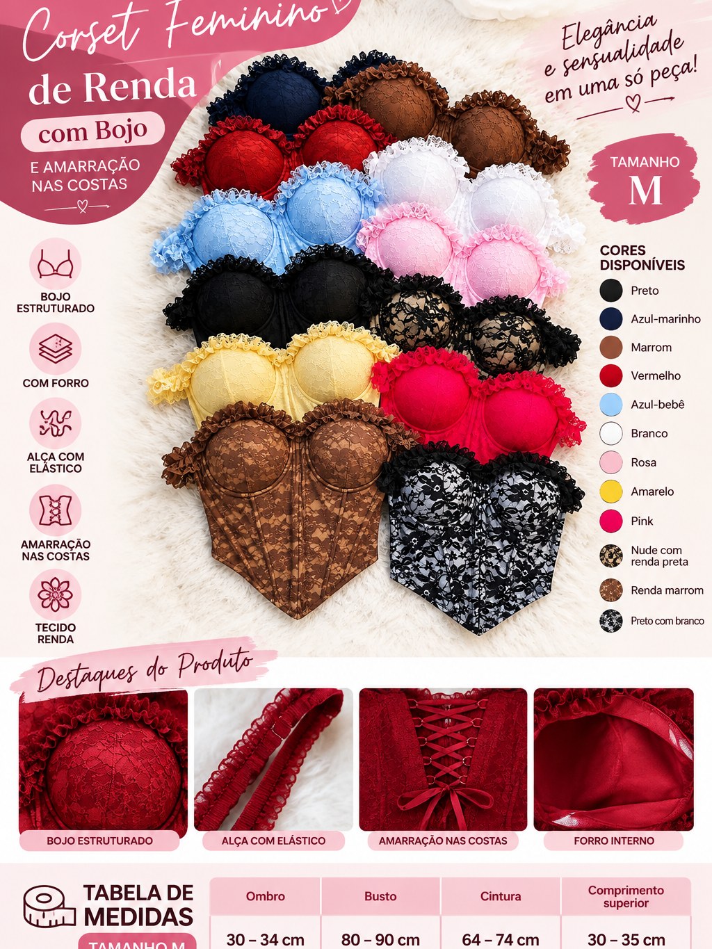 Corset Feminino de Renda com Bojo e Amarração nas Costas