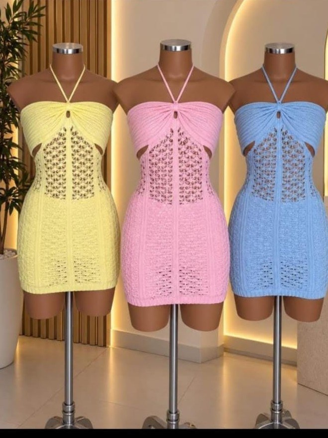 Conjunto TRICOT 3 peças em um TOP SHORT E VESTIDO