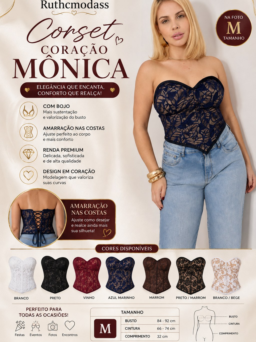 CORSET RENDA coração com forro