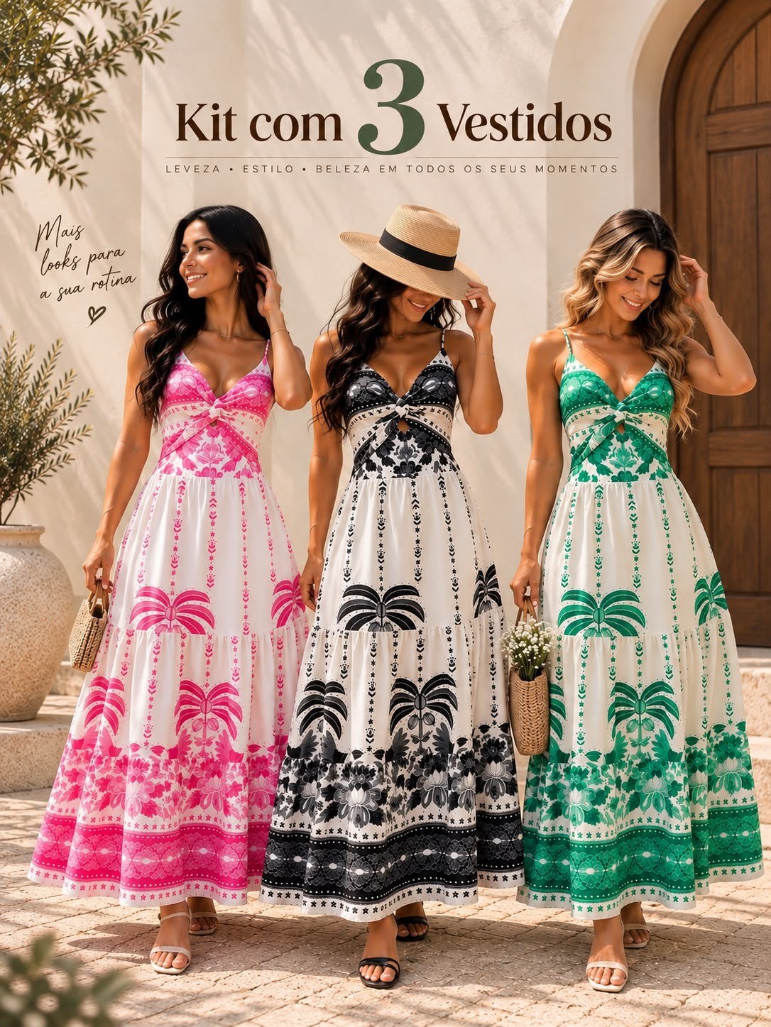 Kit com 3 Vestidos Femininos Longos com Bojo Frente Única