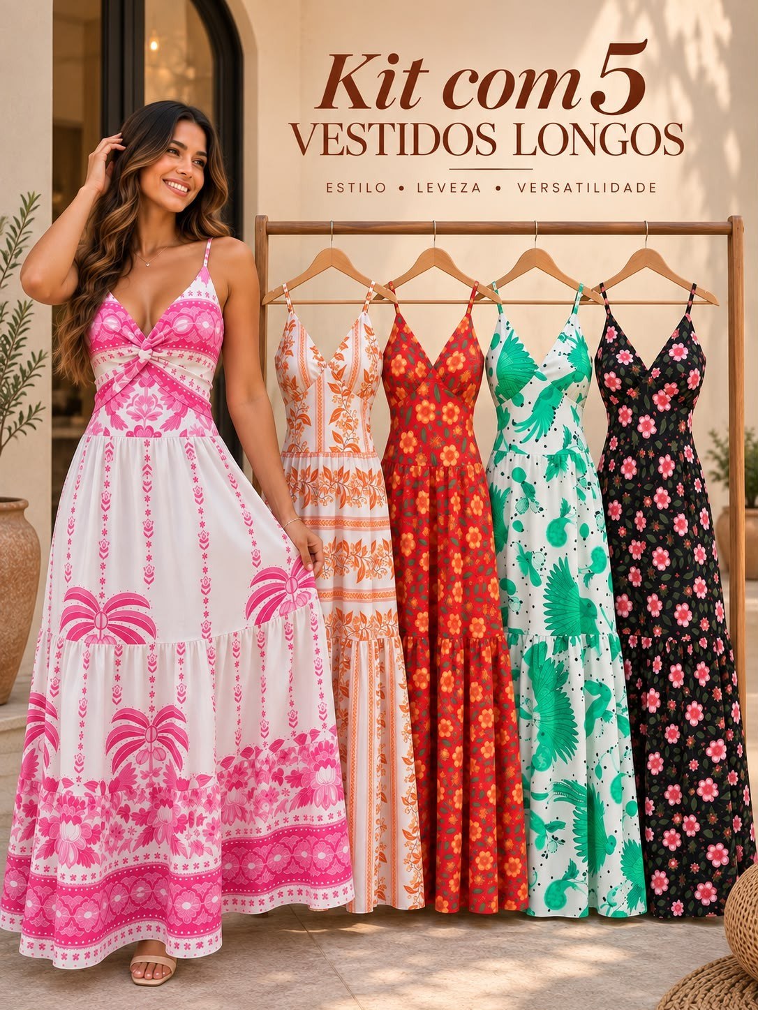 Kit 5 Vestidos Longos Frente Única Com Bojo Moda Verão