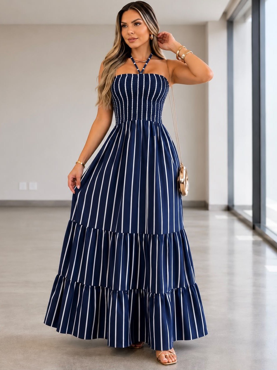 Vestido Feminino Longo Listrado