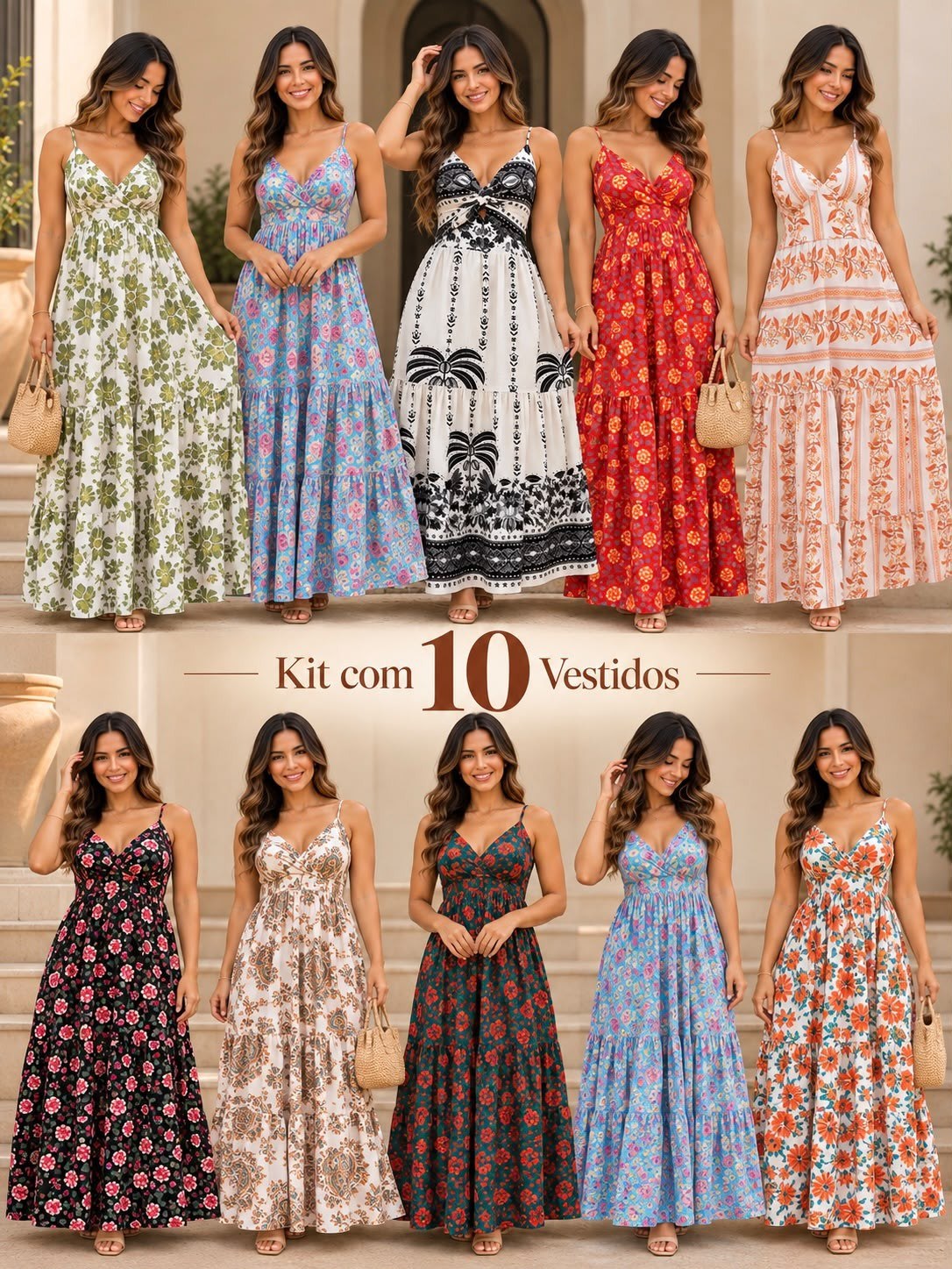 Kit 10 Peças Vestidos Longos com Bojo Frente Única
