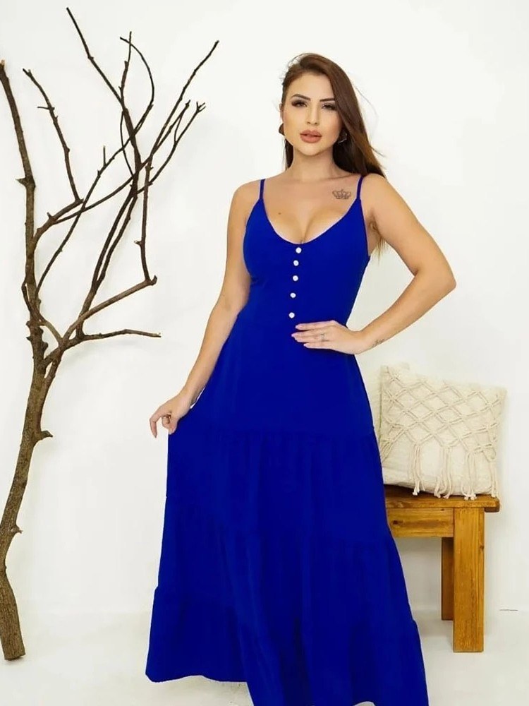 Vestido Longo Três Marias com Botões no Busto