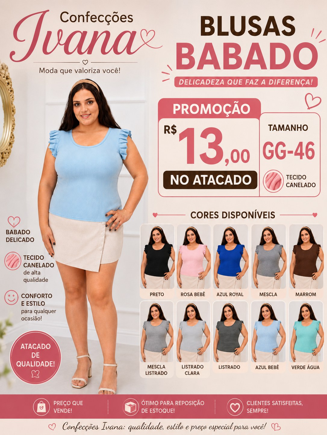 Blusa manga babado plus size canelado